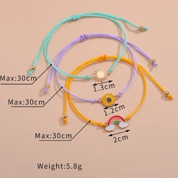 3 pcs Rainbow Flower Sun String Bracelet Set Adjustable Turquoise Purple Yellow - Picture 4 of 6
